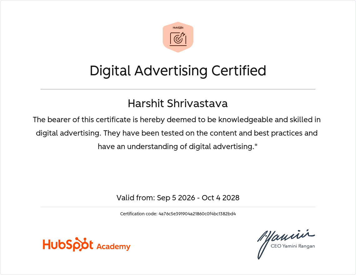 HubSpot Digital Advertising Certification awarded to Harshit Shrivastava
