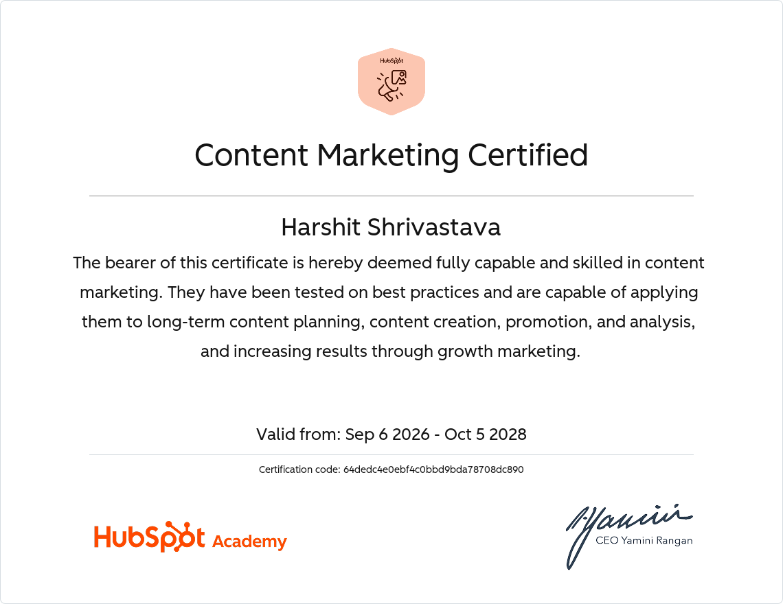 HubSpot Content Marketing Certification awarded to Harshit Shrivastava