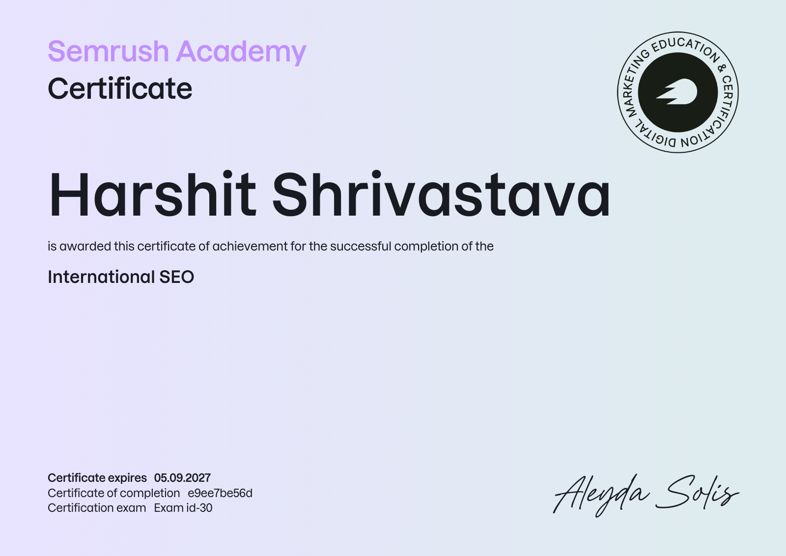 Semrush International SEO certificate awarded to Harshit Shrivastava
