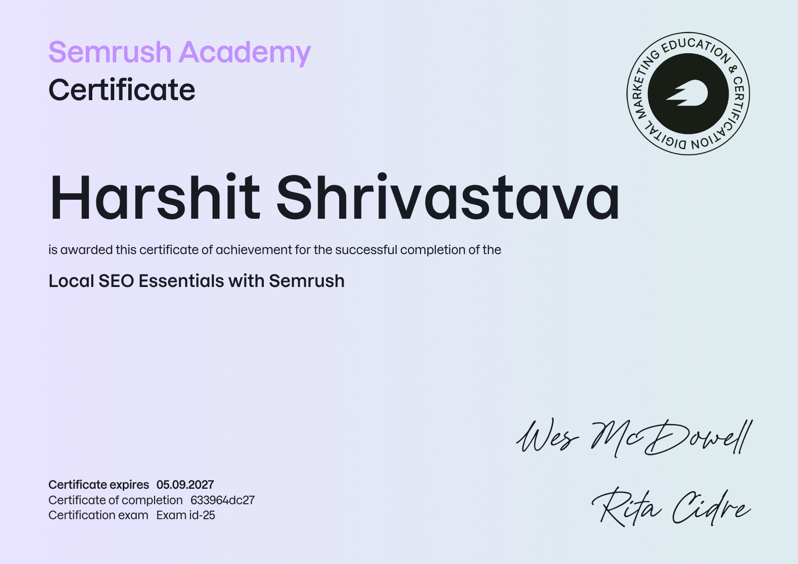 Local SEO Essentials with Semrush certificate awarded to Harshit Shrivastava
