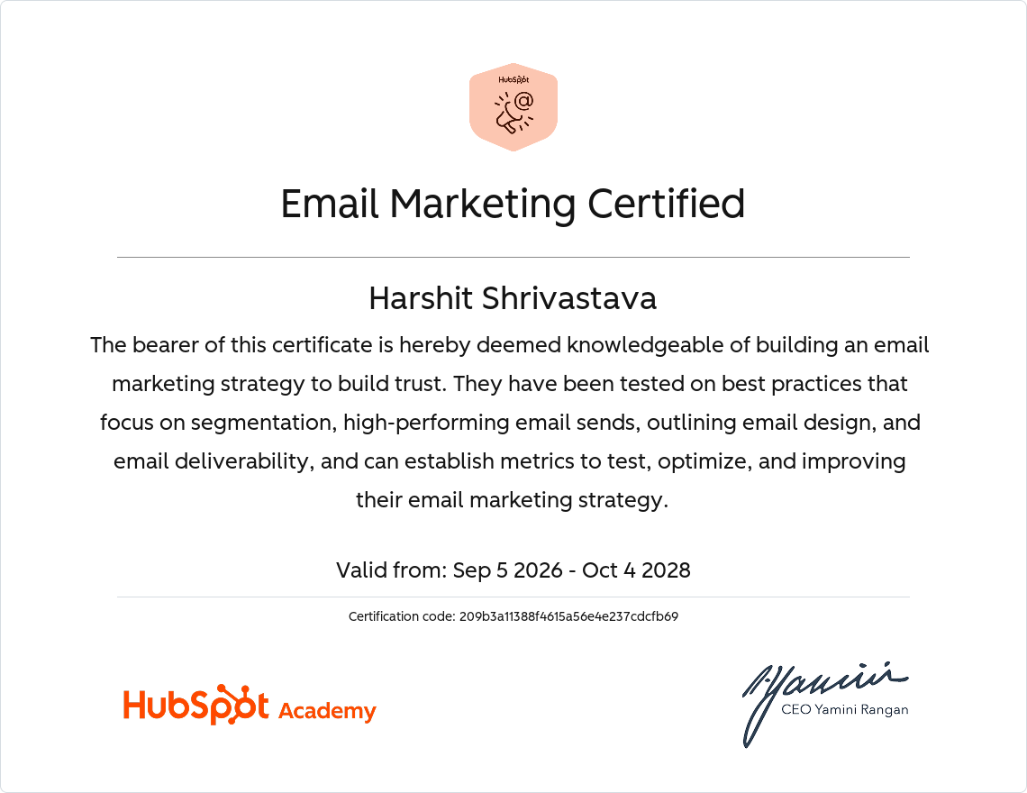 HubSpot Email Marketing Certification awarded to Harshit Shrivastava