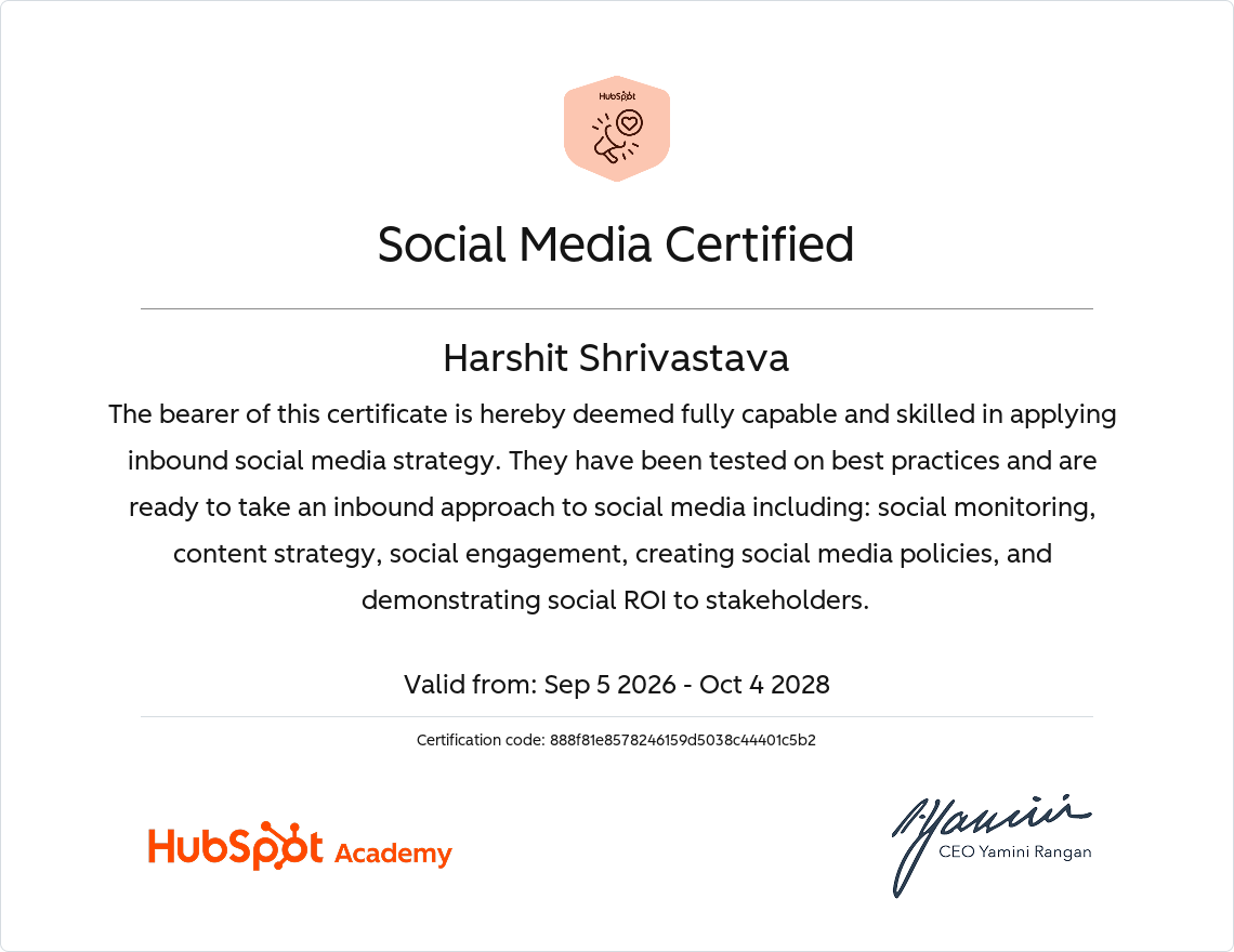 HubSpot Social Media Certification awarded to Harshit Shrivastava